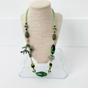 Genuine Murano Glass Beads Necklace Green Black Fish Long